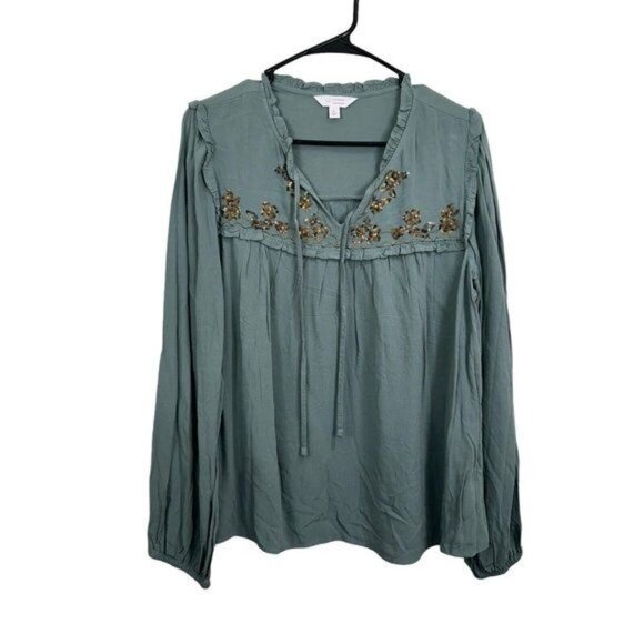 Lauren Conrad Women SZ L Pale Green Sequins Embroidered Long Sleeve Casual Top - Picture 9 of 12